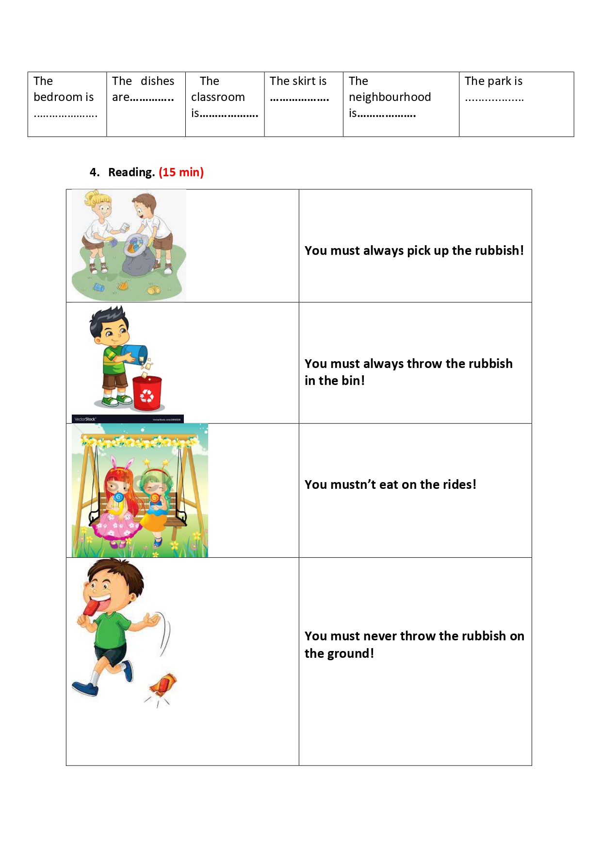 Fiche d'activité : tableau de règles pour garder le terrain de jeux propre avec images et phrases must/mustn't